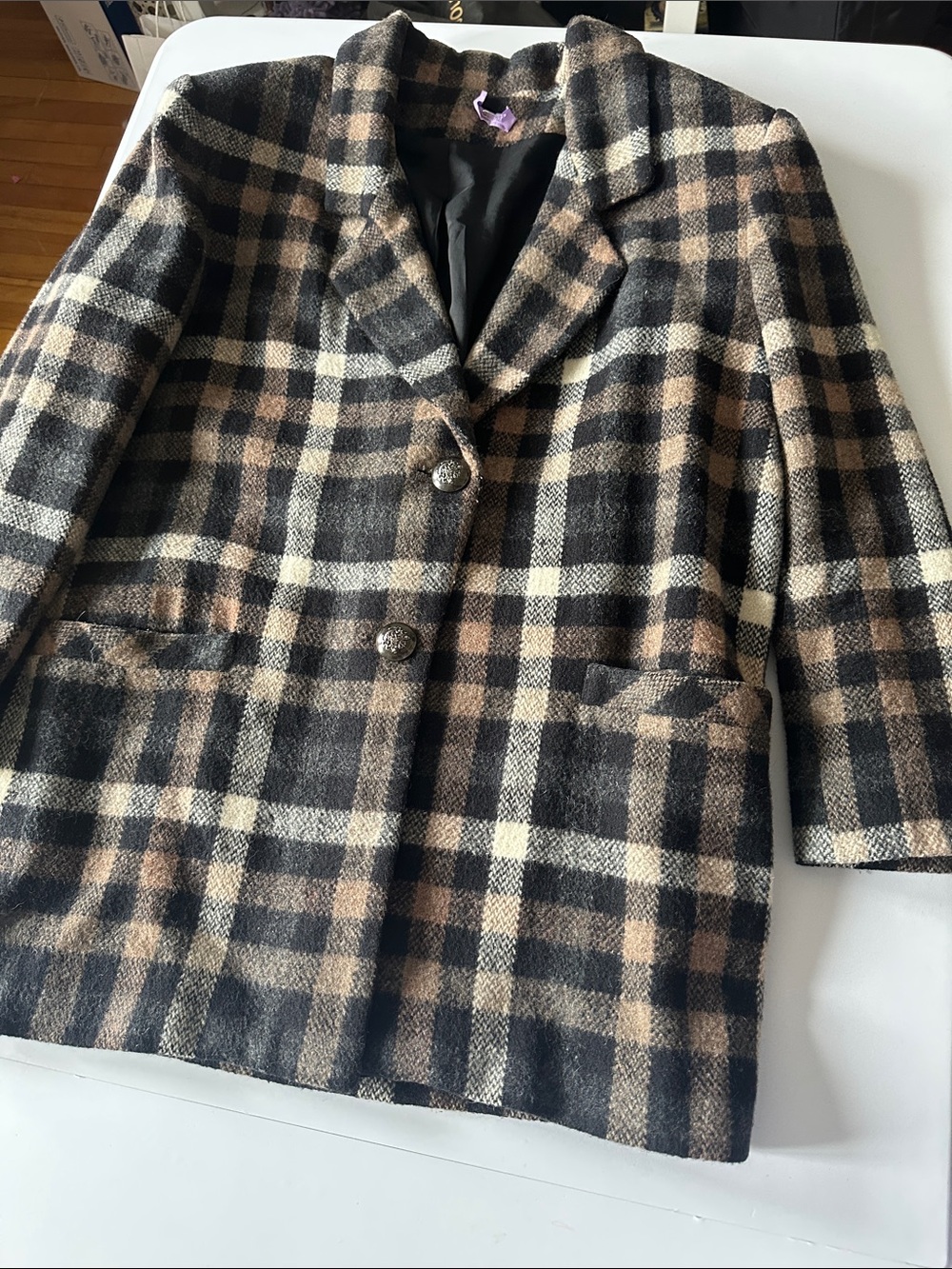 Womens Plaid Wool Blend Coat - Black & Brown
